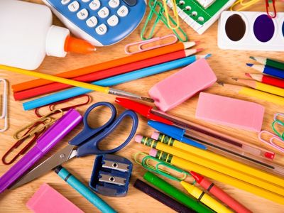 A pile of school supplies
