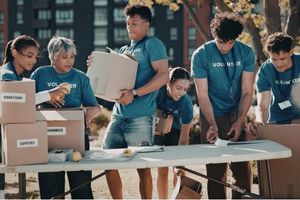 a group of volunteers organizing donations